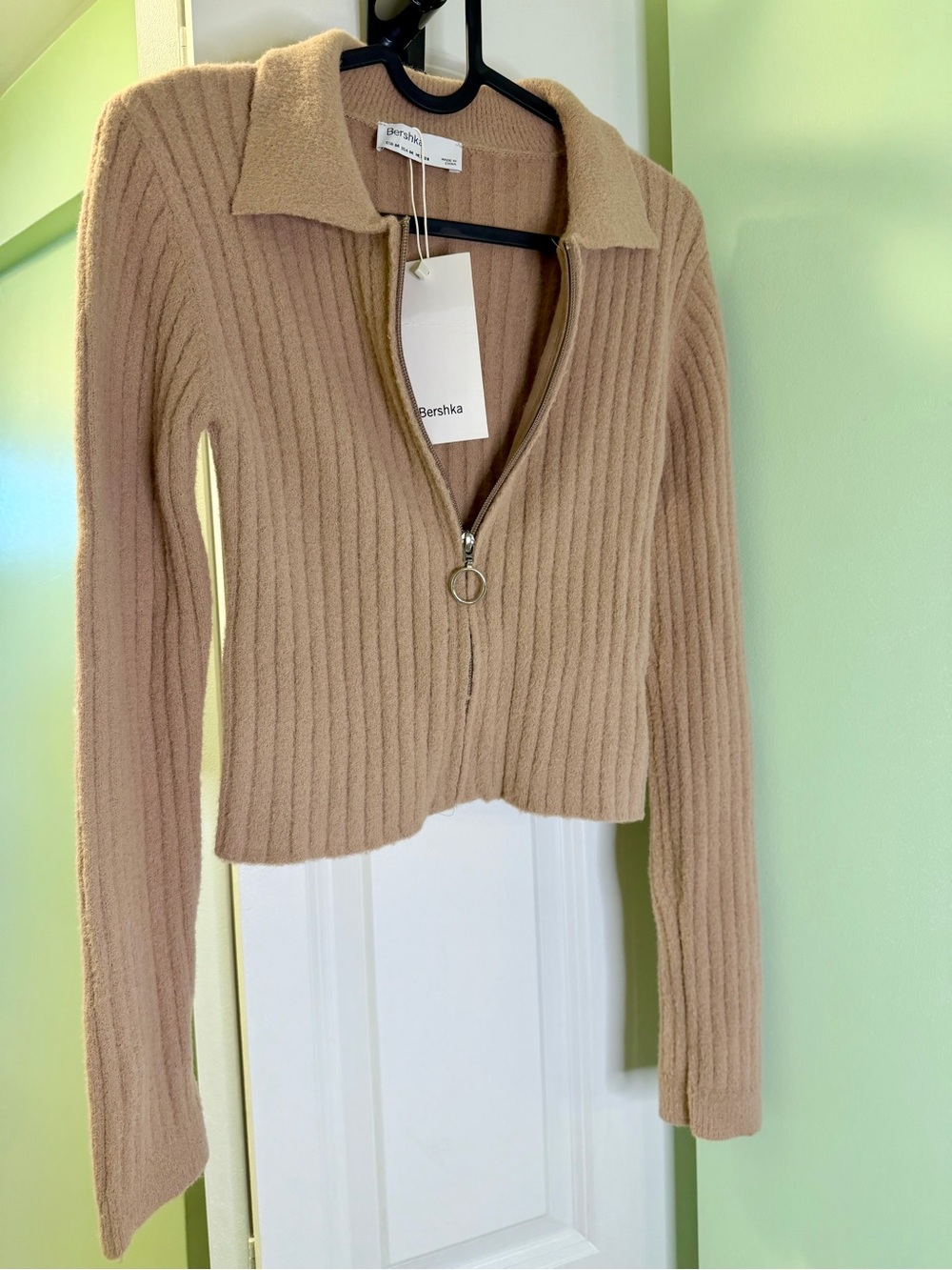 Bershka Taupe Ribbed Zip Cardigan Sweater with Ring Pull - NWT M
